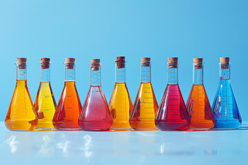 Poster - Minimalist illustration of colorful reagents in beakers, ready for scientific experiments,