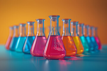 Poster - Minimalist illustration of colorful reagents in beakers, ready for scientific experiments,