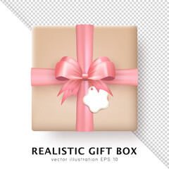 Wall Mural - 3d realistic gift box wrapped in craft paper and tied with pink silk bow top view. Three dimensional cute present package with label tag and ribbon isolated on transparent background view from above