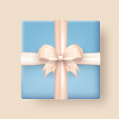 Wall Mural - 3d realistic gift box wrapped in blue craft paper and tied with beige silk bow top view. Three dimensional cute present package with crossed ribbon isolated on transparent background view from above