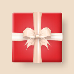 Wall Mural - Template of 3d realistic red gift box with white silk bow top view isolated on transparent background. Three dimensional present wrap package with crossed ribbon. Vector surprise box. View from above