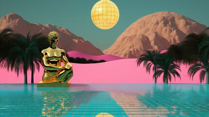 Aufkleber - Surreal vaporwave scene with golden ball on the landscape with mountains and sea. 90s styled abstract surreal pink composition