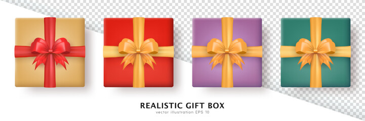 Wall Mural - Set of 3d realistic colorful gift box wrapped in craft paper and tied with silk bow top view. Three dimensional present packages with crossed ribbons isolated on transparent background view from above