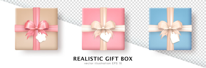 Wall Mural - Set of 3d realistic colorful gift boxes with silk bows and hanging tags with space for greeting text. Three dimensional pastel present wrap packages with crossed ribbon and white empty label. Top view