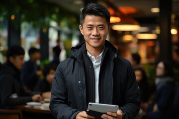 Elegant beautiful young man on the white shirt, black jacket, with smiling tablet., generative IA