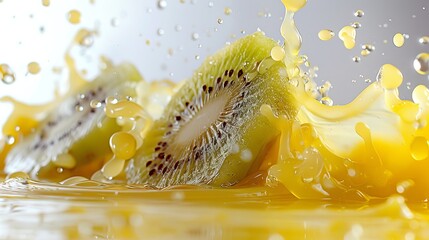 The image showcases a kiwi slice amidst a vivid yellow juice splash, focusing on the fruit's texture and refreshing energy