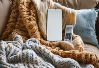 Wall Mural - A blank white screen smartphone resting on a couch with a cozy blanket and a remote control beside it