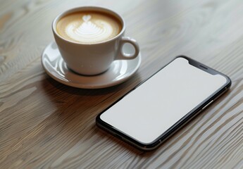 Wall Mural - A modern smartphone with a blank white screen lying on a wooden desk next to a cup of coffee