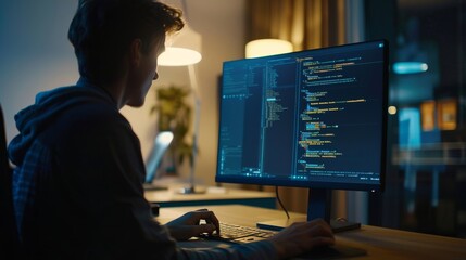 Poster - Focus on a person typing on an illuminated keyboard at a desktop computer. Screen shots show the programming language interface.