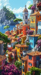 Wall Mural - A colorful, illustrated cityscape blending traditional and digital art styles. 