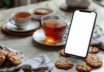 Wall Mural - A smartphone with a blank white screen on a kitchen counter with a cup of tea and a plate of cookies