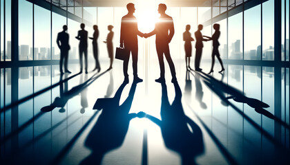 Wall Mural -  the shadow of two business people shaking hands, symbolizing agreement and partnership.