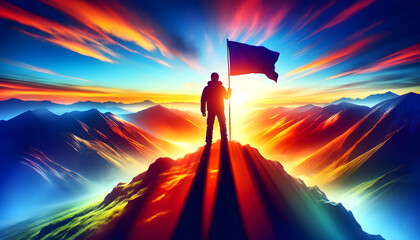 Wall Mural - the shadow of a person standing triumphantly on a mountain peak, holding a flag.