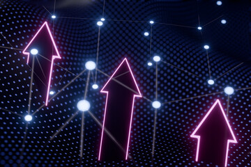 Poster - Neon arrows pointing upward against a digital dotted background with glowing nodes. 3d rendering