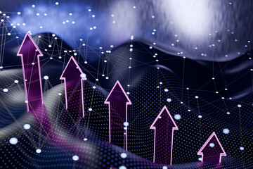 Poster - Digital arrows pointing upwards over a futuristic landscape with a network of dots and lines. 3d rendering
