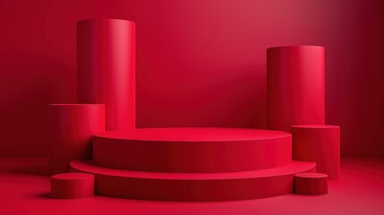 Wall Mural - Red product podium stage, cylinder shape design element 