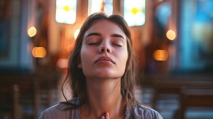 Young woman praying in catholic church with closed eyes