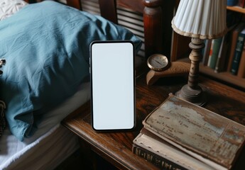 Wall Mural - A blank white screen smartphone on a bedside table next to a lamp and a book