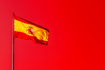 A high-quality photo of the Spanish flag waving energetically on a solid red background