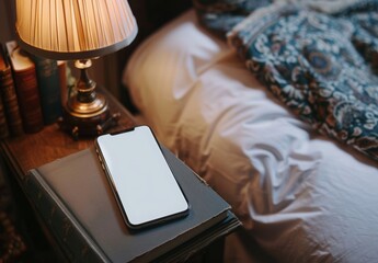 Wall Mural - A blank white screen smartphone on a bedside table next to a lamp and a book