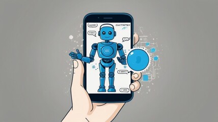 Poster - AI chatbot in image robot or cyborg holding in hand message bubbles.