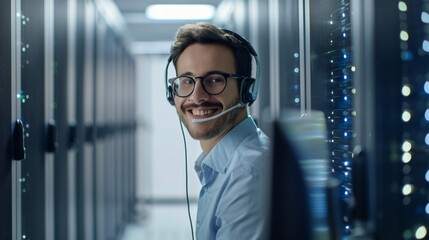 Poster - Customer Support Agent wearing headset consults with online client looking at computer screen, Helpline Operator Secretary makes video conference call