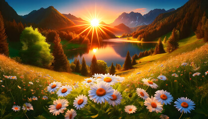 Wall Mural - a serene mountain landscape during sunset. Vibrant daisies bloom in the lush green meadow in the foreground, while a tranquil lake reflects the golden sun 