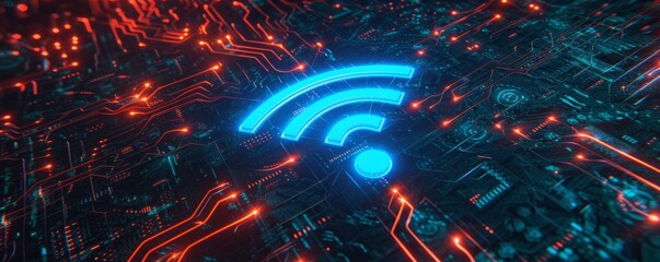 Aufkleber - Wifi symbol on illuminated digital circuit board, futuristic technology concept