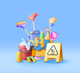 Leinwandbilder - 3D set of home cleaning tools isolated. Render collection of accessories for washing dishes and house cleaning. Bottle of detergent, sponge, soap gloves. Bucket, mop broom dustpan. Vector illustration