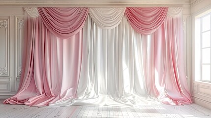 Wall Mural - luxury pink curtain backdrop with wooden floor and wall background, white and lighten color 