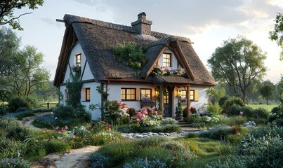 Wall Mural - A cozy countryside cottage with a thatched roof, flower-filled window boxes, and a welcoming front porch. Realistic.
