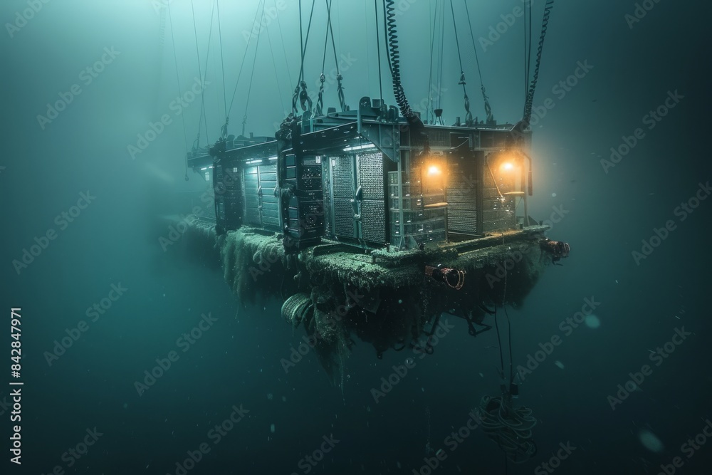 Server Rack Underwater Submarine places server racks in underwater data center in low light ...