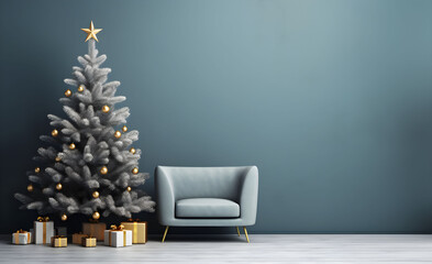 Wall Mural - Christmas tree with presents and chair near dusty blue textured wall. Monochrome empty living room. Wall scene mockup. Promotion background.