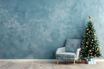 Wall Mural - Christmas tree with presents and chair near textured blue textured wall. Monochrome empty living room. Wall scene mockup. Promotion background.