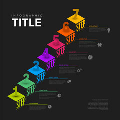 Poster - Seven isometry steps with big numbers rescription and icons on dark background