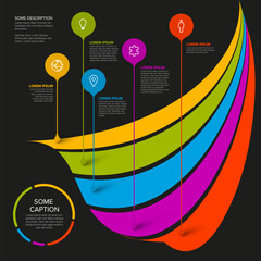 Poster - Dark Infographic template with five droplet pointers on curved rainbow stripes