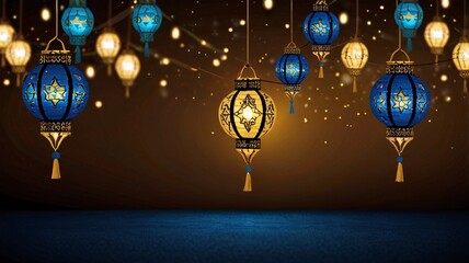 arabian lantern  lights illuminating the night, adorning walls, and decorating the park with festive islamic holiday with space