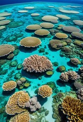 Wall Mural - aerial view colorful coral reef underwater, ocean, floor, marine, life, world, vibrant, ecosystem, biodiversity, aquatic, environment, tropical, fish, sea,
