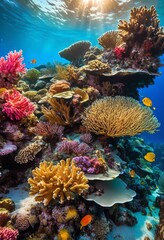 Wall Mural - colorful coral reefs crystal clear ocean waters, vibrant, formations, pristine, tropical, underwater, ecosystems, marine, life, stunning, blue, flora, fauna, gardens