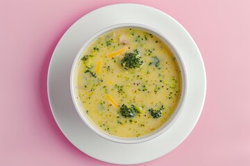 Wall Mural - Creamy Broccoli and Cheese Soup in a White Bowl on a Pink Background