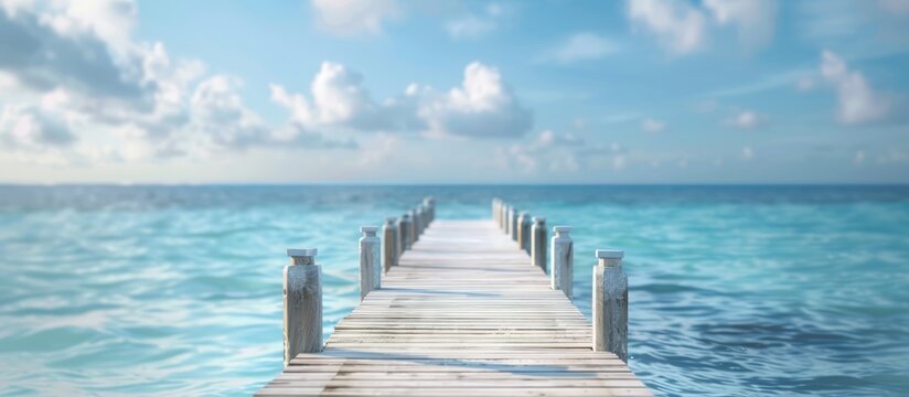 Seaside retreat pier for relaxation with blurred background and room for text