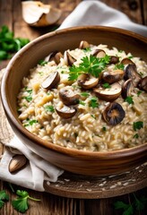 Wall Mural - creamy mushroom risotto bowl wooden delicious italian rice dish gourmet food presentation, table, fungi, meal, cuisine, dinner, lunch, white, plate, savory