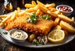 © Yaraslava - crispy fish chips british pub food fried seafood potato traditional fish dish, plate, fries, crunchy, meal, restaurant, delicious, snack, crust, crispiness, bar
