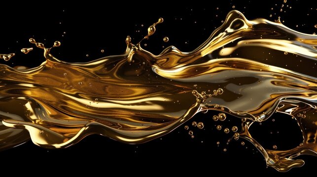 3d rendering, shiny gold liquid splash, metallic wave, swirl, cosmetic oil, golden splashing clip art, artistic paint, abstract design element isolated on black background