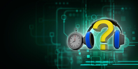 Poster - 3d rendering question mark connected headphone with clock
