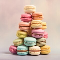 Wall Mural - A colorful pyramid of assorted French macarons arranged artfully against a soft pastel background, creating an appealing dessert display.