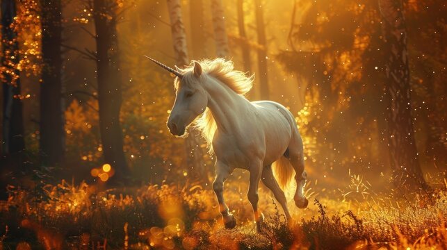 A beautiful unicorn running in the forest