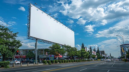 Poster - Large white signboard on a street corner outside a business mall, with retail stores in the background