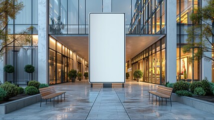 Poster - Empty white mockup signboard at the entrance of a modern shopping center, surrounded by glass doors and architectural elements