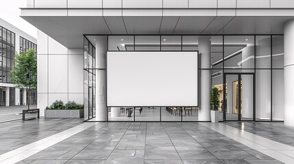 Poster - Empty white mockup signboard at the entrance of a modern shopping center, surrounded by glass doors and architectural elements